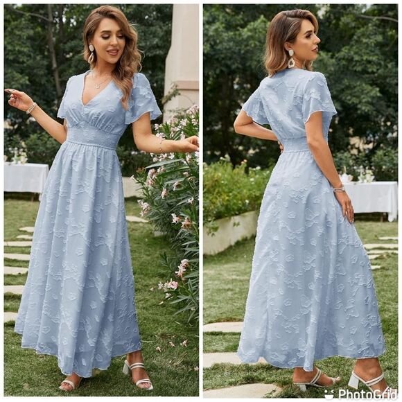 Simplee Boho Floral V Neck Formal Maxi Ruffle Flowy Bridesmaid Wedding Dress - Picture 1 of 13